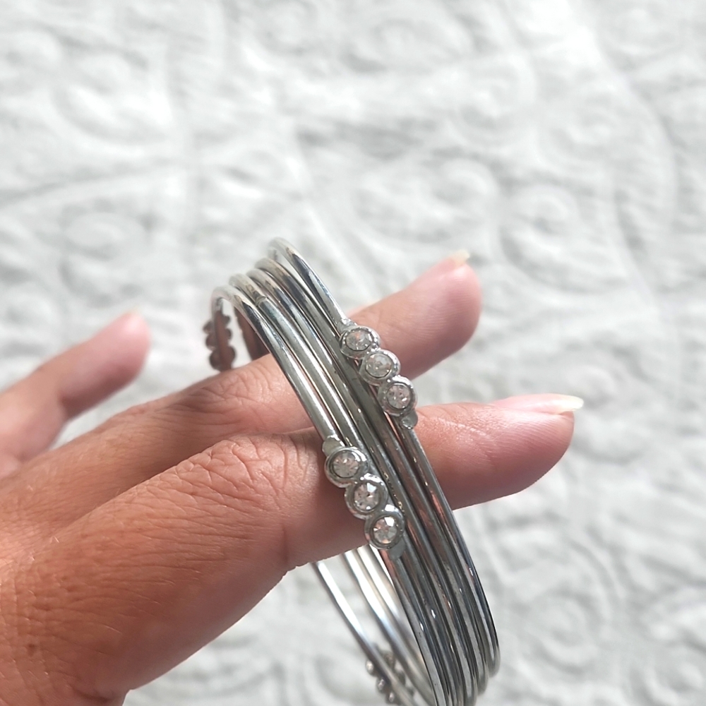 Silver Bangles with Rhinestones - Picture 2 of 3